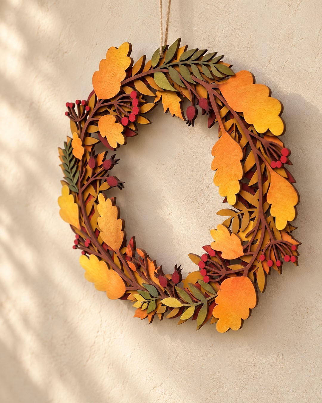 A layered wooden wreath in golden ochre, rust and muted green on a warm plaster wall