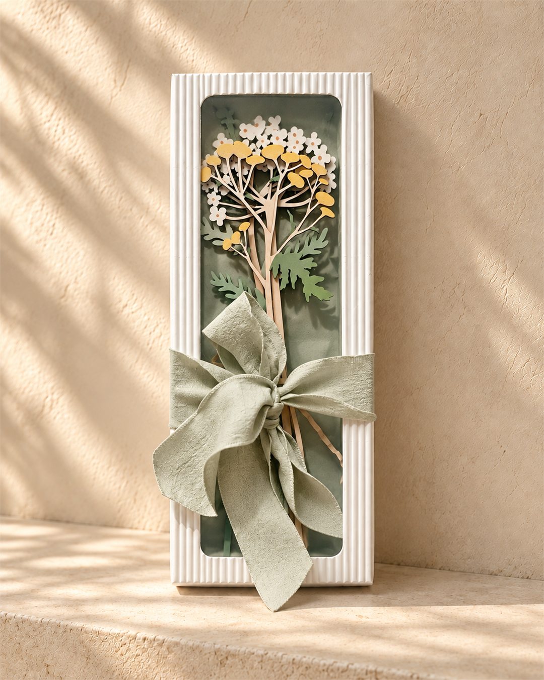 Golden and white floral wooden stem presented in a pale fluted gift box with a sage ribbon