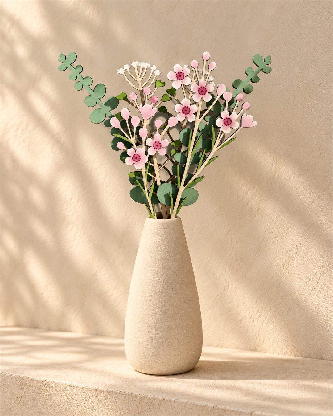 Blush pink wooden blossoms and pale stems arranged in a pale vase against a warm plaster wall